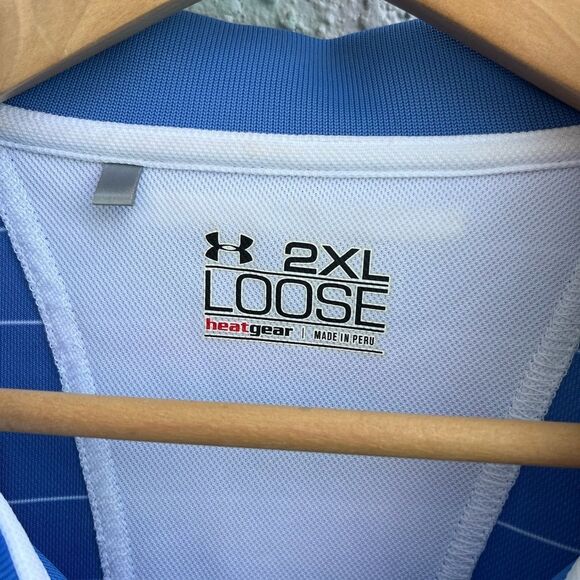 Under Armour Royal Blue Striped HeatGear Polo Shirt 2XL - Picture 2 of 11